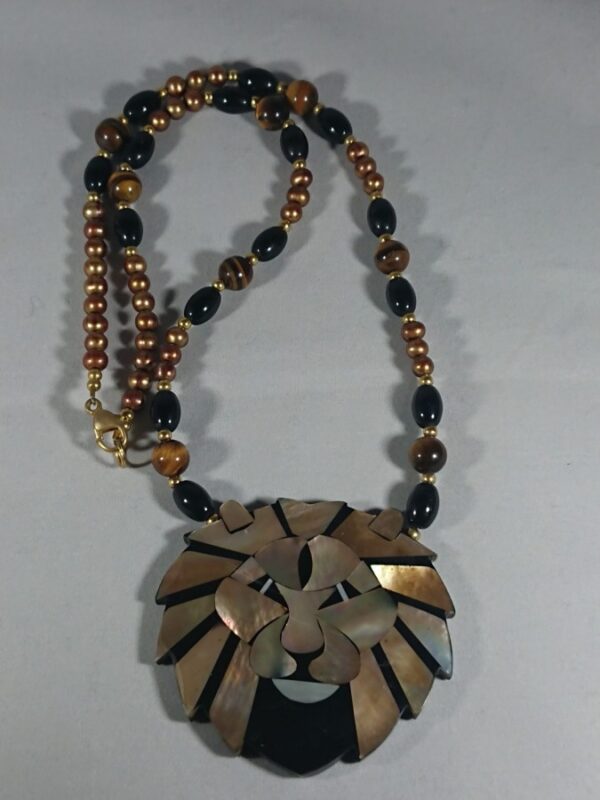 Lion Pendant on Tigers Eye, Black Onyx & Pearl Beads