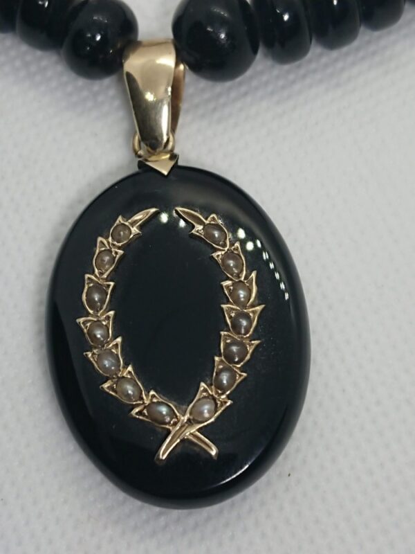Victorian Black Onyx Mourning Locket with Seed Pearls in Gold black onyx locket Antique Jewellery 4