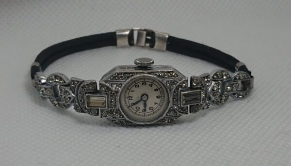 SOLD Ladies Art Deco Silver and Diamante Watch 1937 art deco Antique Jewellery 5