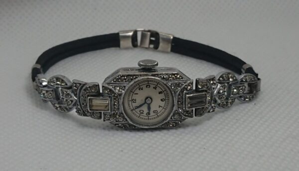 SOLD Ladies Art Deco Silver and Diamante Watch 1937 - Image 3