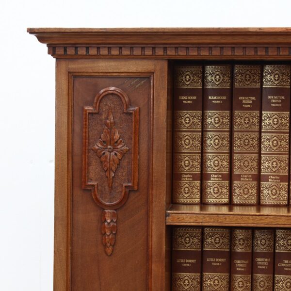 Edwardian Walnut Bookcase with 32 leather bound Charles Dickins Books (21 stories) bookcase Antique Bookcases 7