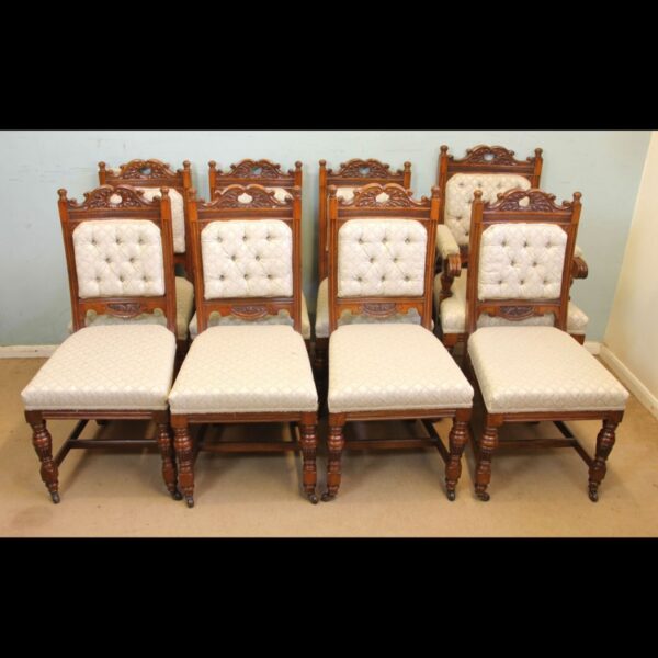 Antique Victorian Set Eight Oak Dining Chairs
