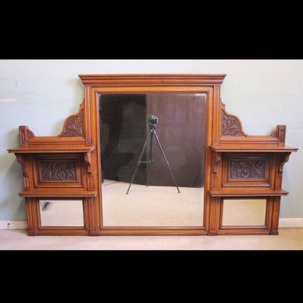 Antique Large Victorian Oak Overmantle Wall Mirror