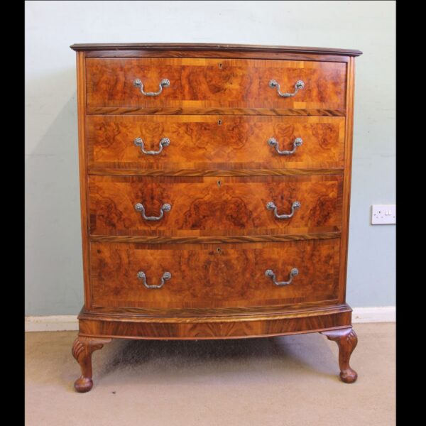 Antique Bow Front Figured Walnut Chest of Drawers