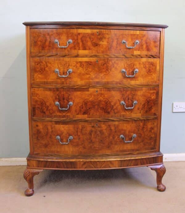 Antique Bow Front Figured Walnut Chest of Drawers - Image 2