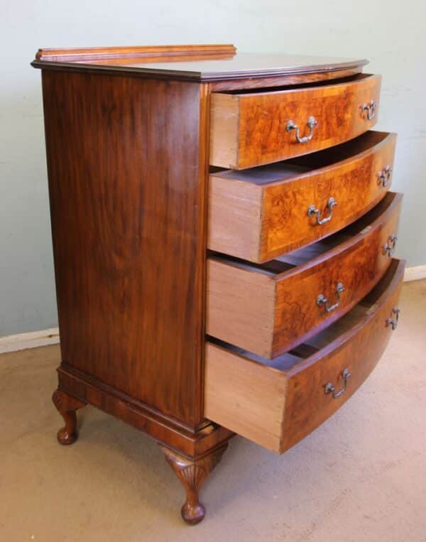 Antique Bow Front Figured Walnut Chest of Drawers - Image 11