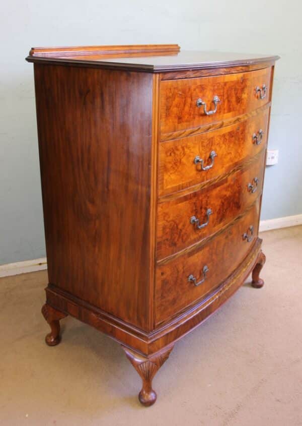 Antique Bow Front Figured Walnut Chest of Drawers - Image 3