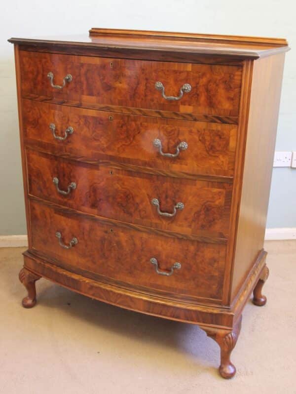 Antique Bow Front Figured Walnut Chest of Drawers - Image 5
