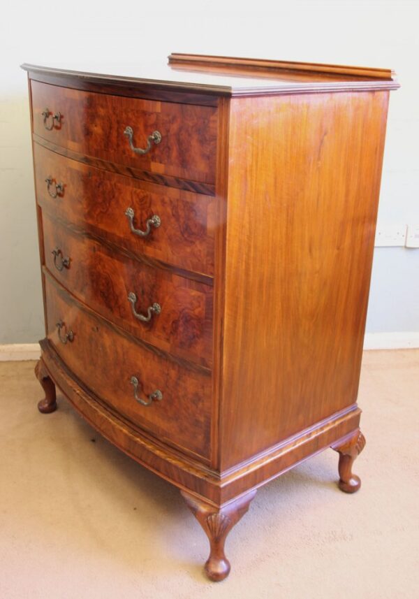 Antique Bow Front Figured Walnut Chest of Drawers - Image 9