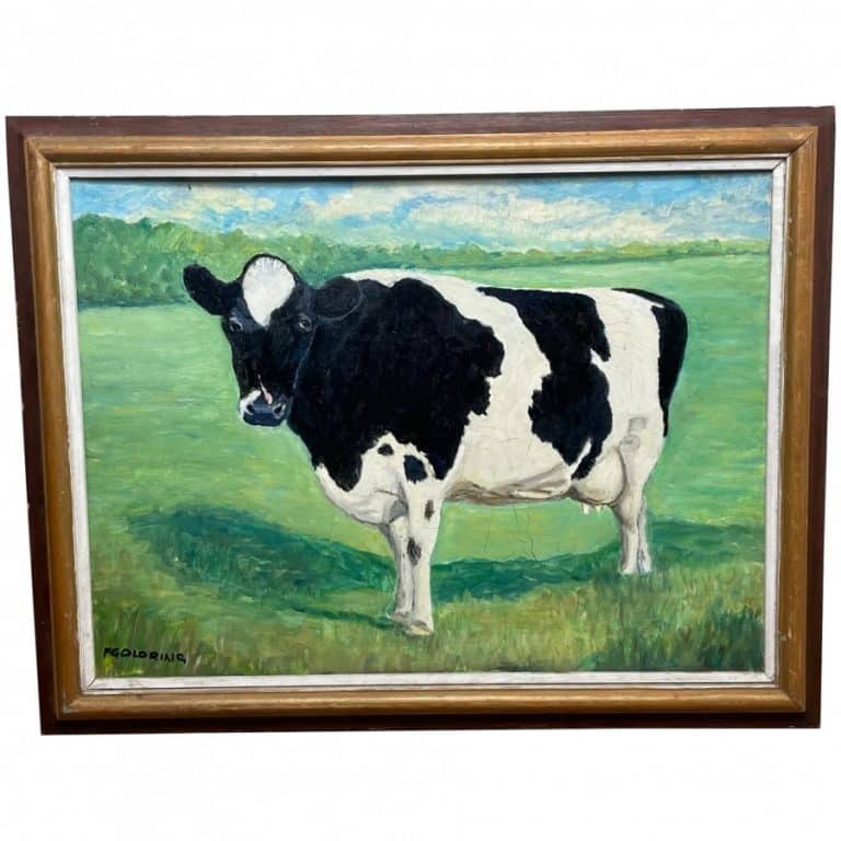 20th Century Oil Painting Holstein Friesian Prized Cow Susan Animal Portrait