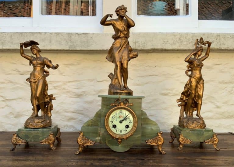 Elegant Tall 19thc French Gilt Metal & Onyx Garniture Mantel Statue Clock Set
