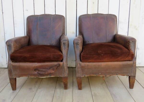Pair Antique French Leather Club Chairs - Image 2