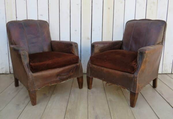 Pair Antique French Leather Club Chairs - Image 11