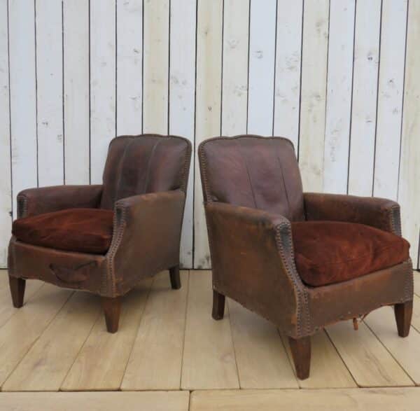 Pair Antique French Leather Club Chairs