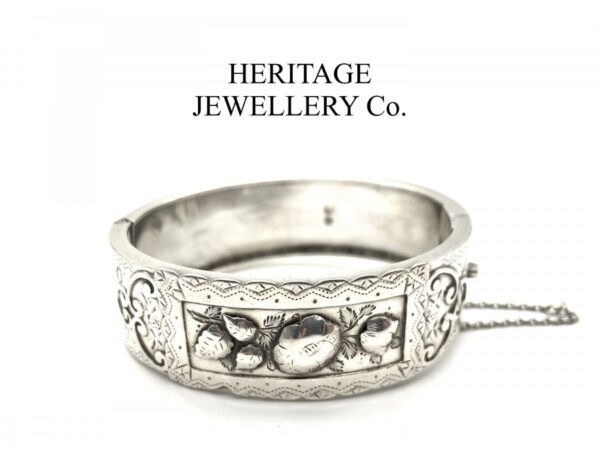 Antique Victorian Embossed Silver Bangle Bracelet (c. 1884)