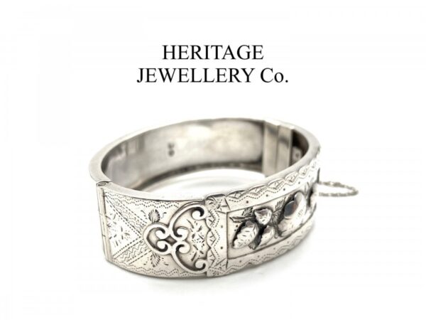 Antique Victorian Embossed Silver Bangle Bracelet (c. 1884) - Image 2