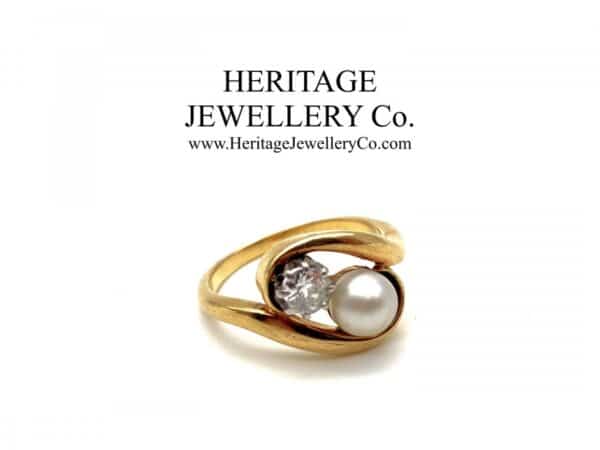 Antique Gold, Diamond & Pearl Cross Over Ring
