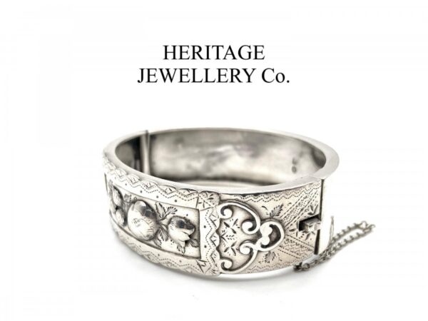 Antique Victorian Embossed Silver Bangle Bracelet (c. 1884) Bangle Antique Jewellery 5