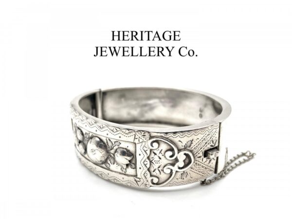 Antique Victorian Embossed Silver Bangle Bracelet (c. 1884) - Image 3