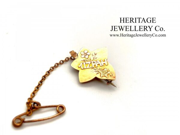 Antique Gold Mizpah Ivy Leaf Brooch with Ivy Leaf Design and Safety Chain/Pin - Image 2