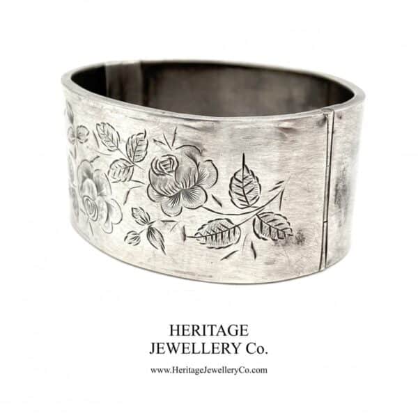 Antique Victorian Silver Bangle Bracelet with English Rose Motif (c. 1884) - Image 3