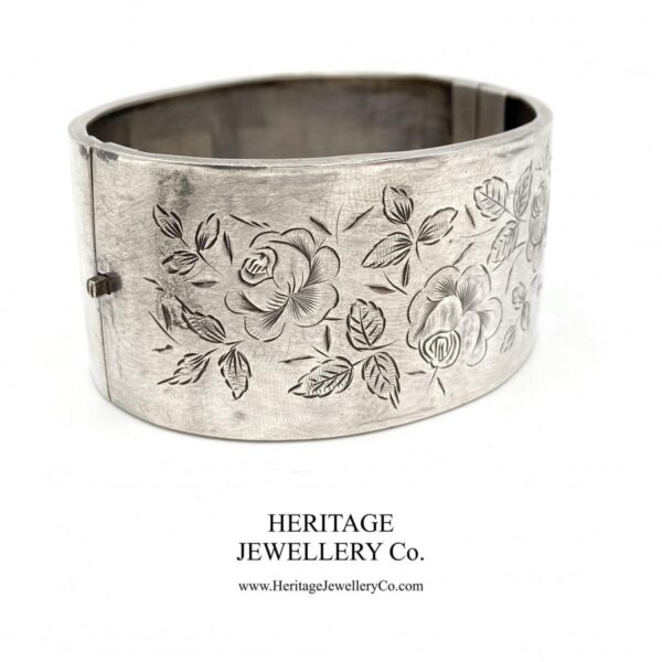Antique Victorian Silver Bangle Bracelet with English Rose Motif (c. 1884) - Image 2