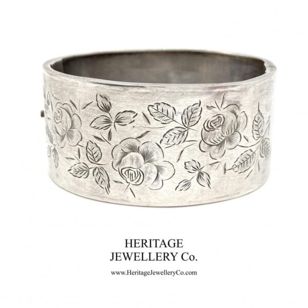 Antique Victorian Silver Bangle Bracelet with English Rose Motif (c. 1884) Bangle Antique Jewellery 3