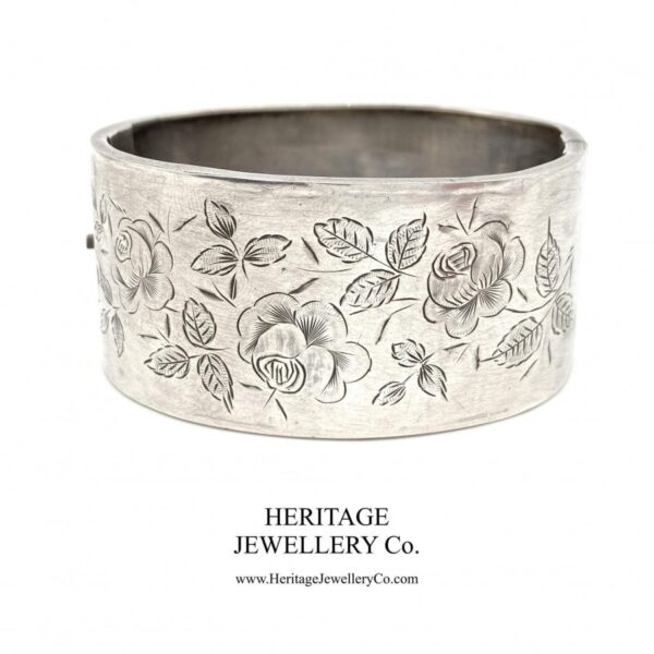 Antique Victorian Silver Bangle Bracelet with English Rose Motif (c. 1884)