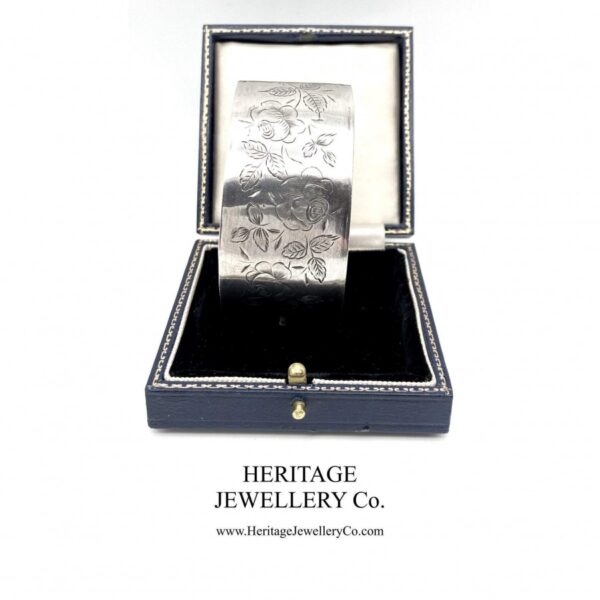 Antique Victorian Silver Bangle Bracelet with English Rose Motif (c. 1884) - Image 5