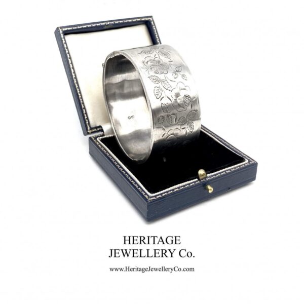 Antique Victorian Silver Bangle Bracelet with English Rose Motif (c. 1884) - Image 6