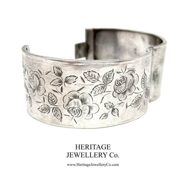 Antique Victorian Silver Bangle Bracelet with English Rose Motif (c. 1884) - Image 4