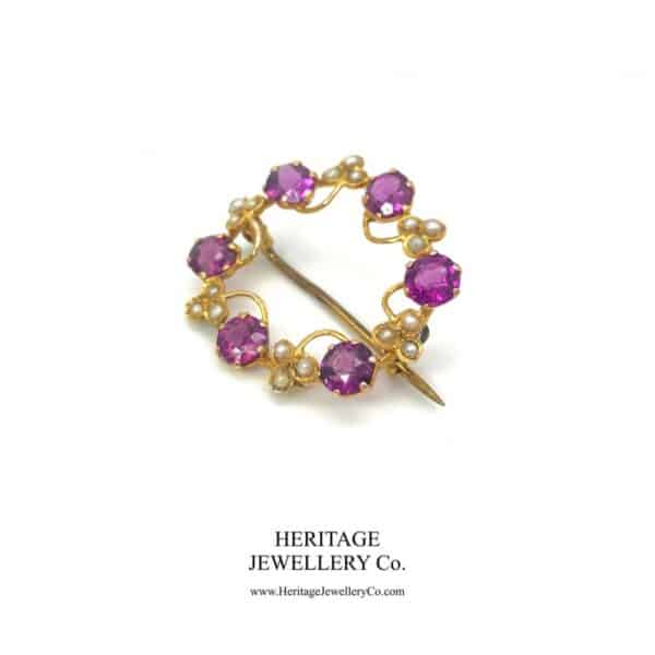 Antique Almandine Garnet, Pearl and Gold Brooch
