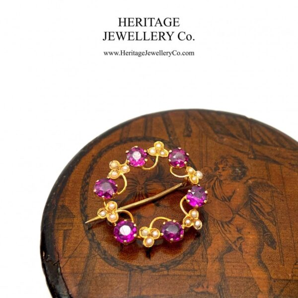 Antique Almandine Garnet, Pearl and Gold Brooch - Image 6
