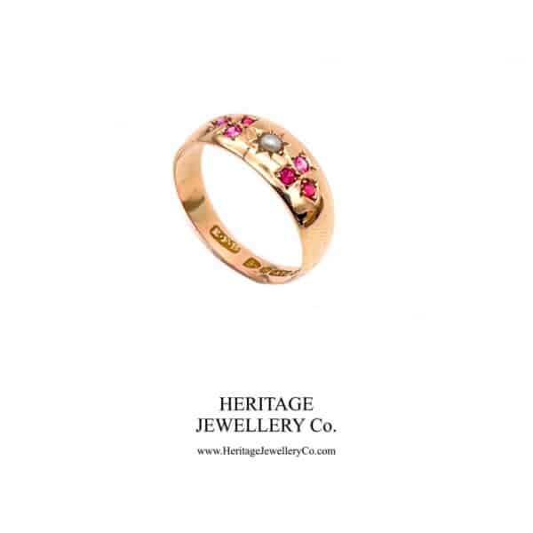Victorian Ruby & Pearl Gypsy Ring (c.1877) gold Antique Jewellery 4