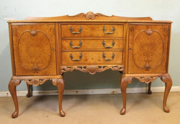 Burr Walnut Queen Anne Style Shaped Sideboard Antique Antique Furniture 4