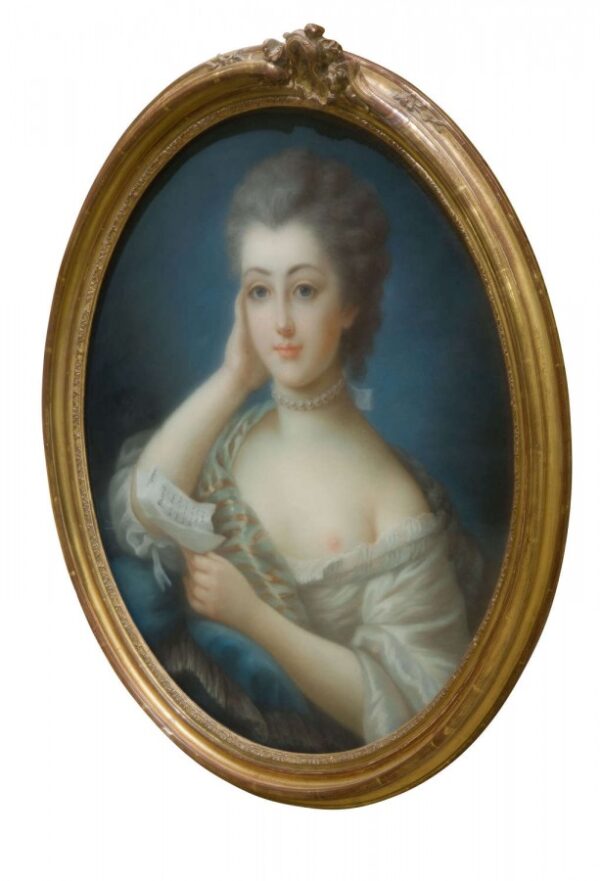 An oval portrait of a young lady
