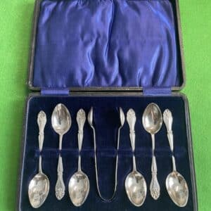 Set of 6 Silver Teaspoons with Sugar Tonges,1917, Birmingham by A.J. Bailey Antique Silver