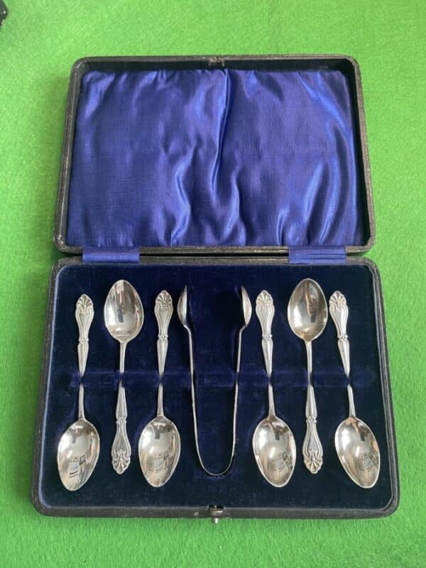 Set of 6 Silver Teaspoons with Sugar Tonges,1917, Birmingham by A.J. Bailey Antique Silver 3