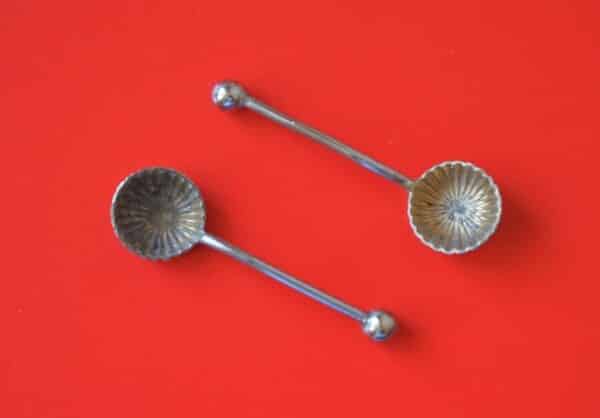 A Pair of antique Miniature Silver Plated Clam Shell Salt Servers & Spoons Antique Salts Antique Silver 7