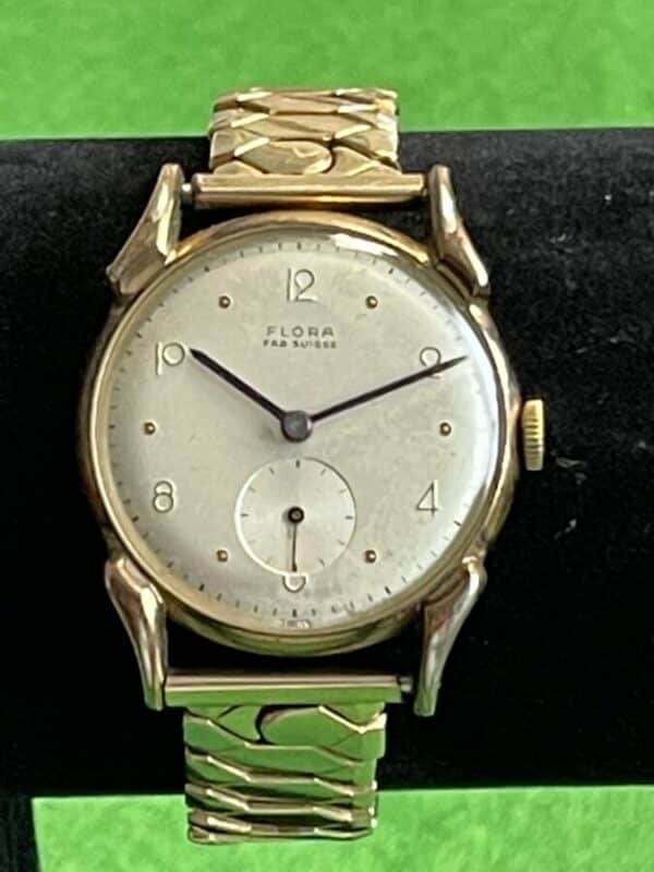 Antique Flora Gold Plated Gents Wrist Watch With Rolled Gold Strap Antique Jewellery 3