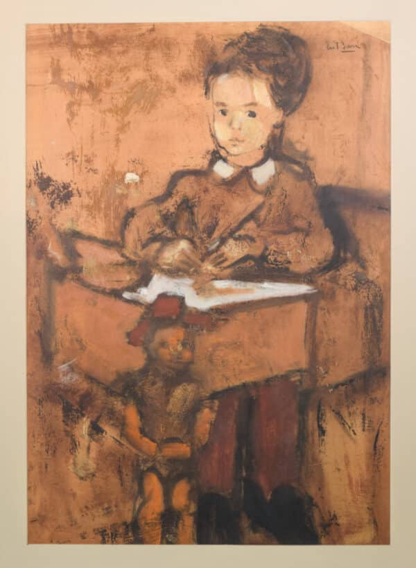 Girl and Puppet Sitting at a Desk