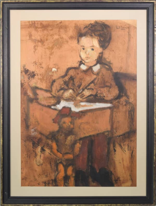 Girl and Puppet Sitting at a Desk art Antique Art 4