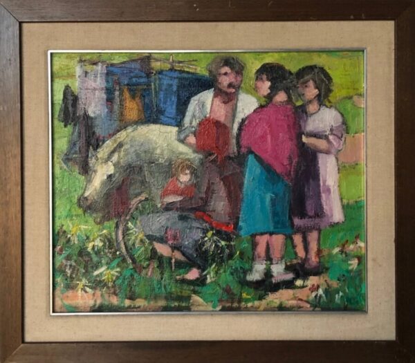 Family with Cart and Pony. Oil on canvas painting family Antique Art 4