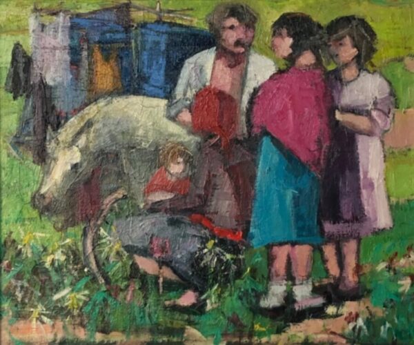 Family with Cart and Pony. Oil on canvas painting family Antique Art 3