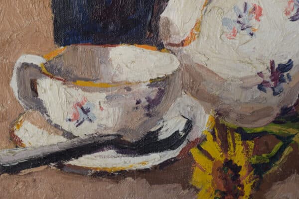 Still life with flowers, tea cup and jug. Oil on canvas flowers painting Antique Art 4
