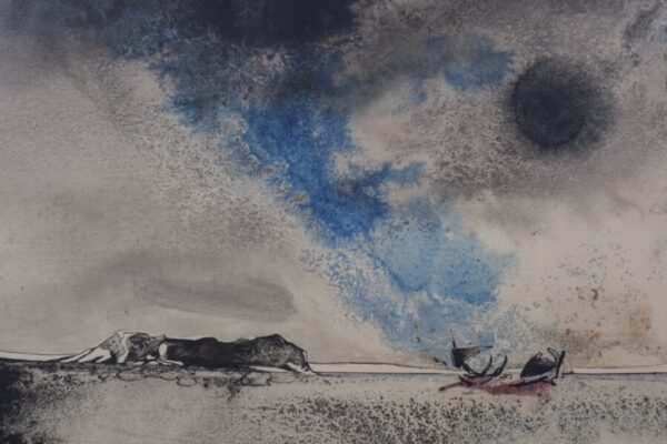 Boat on a Moonlit Seascape. Watercolour on paper black Antique Art 9