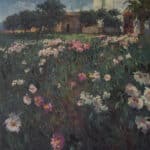 Large Landscape Scene with Floral Meadow flowers painting Antique Art