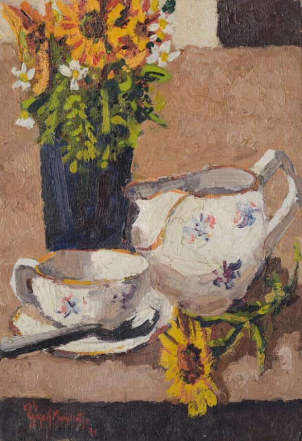 Still life with flowers, tea cup and jug. Oil on canvas flowers painting Antique Art 3
