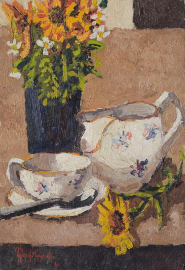 Still life with flowers, tea cup and jug. Oil on canvas