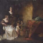 Late 18th Century Domestic scene with children feeding a bird in a cage with mother and maid. Antique Painting Antique Art